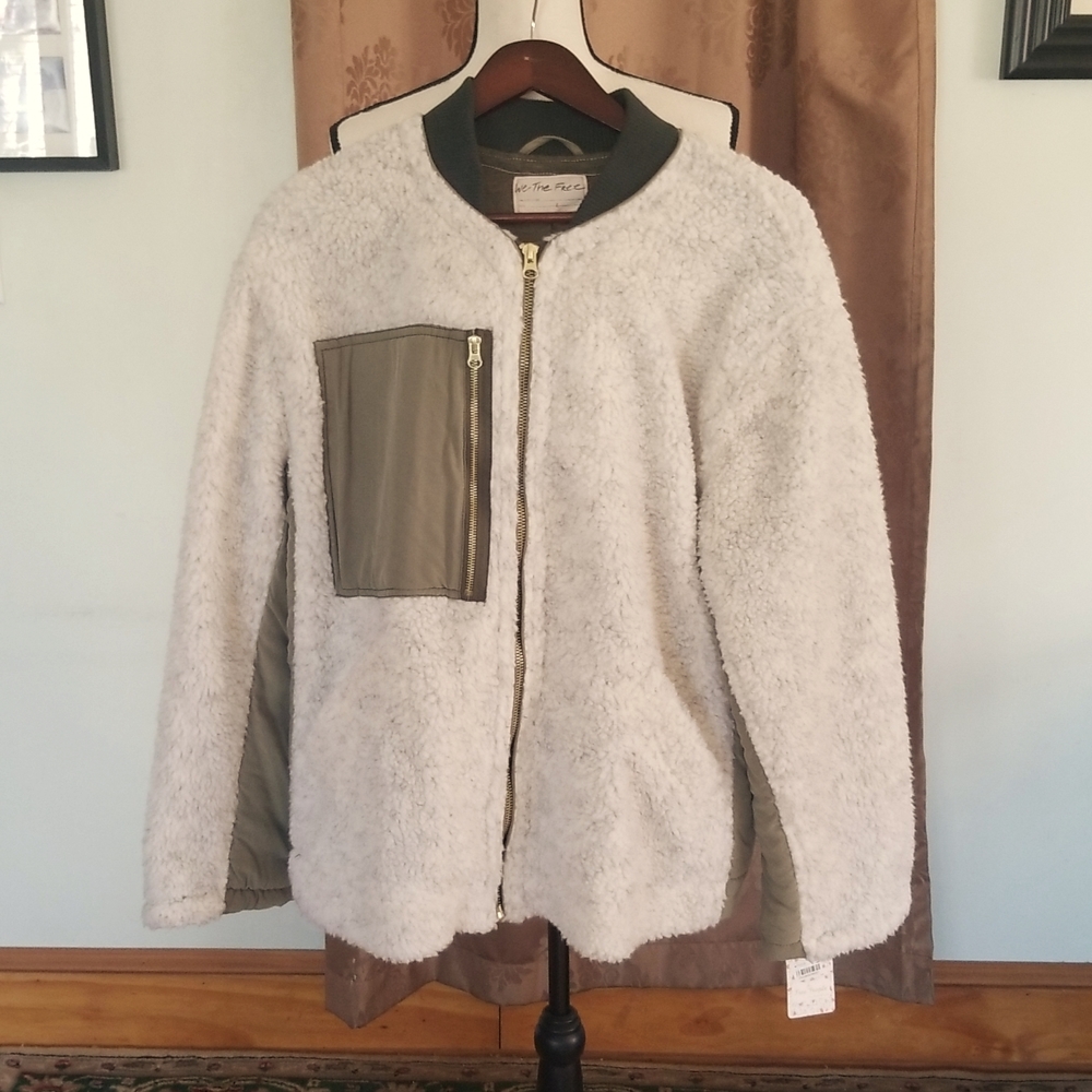 Free People Cream Sherpa Bomber Jacket with Olive Green Accents